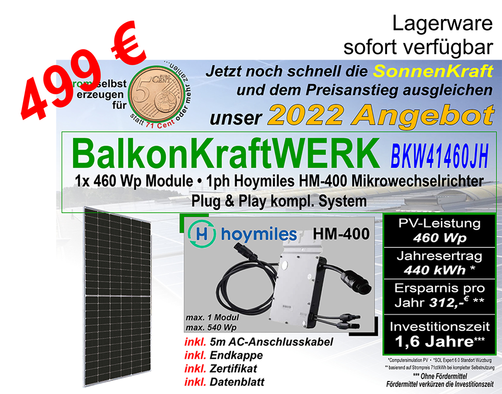 BalkonKraftWERK BKW41460SET mit Hoymiles HM400 & 1x Modul 460 Wp