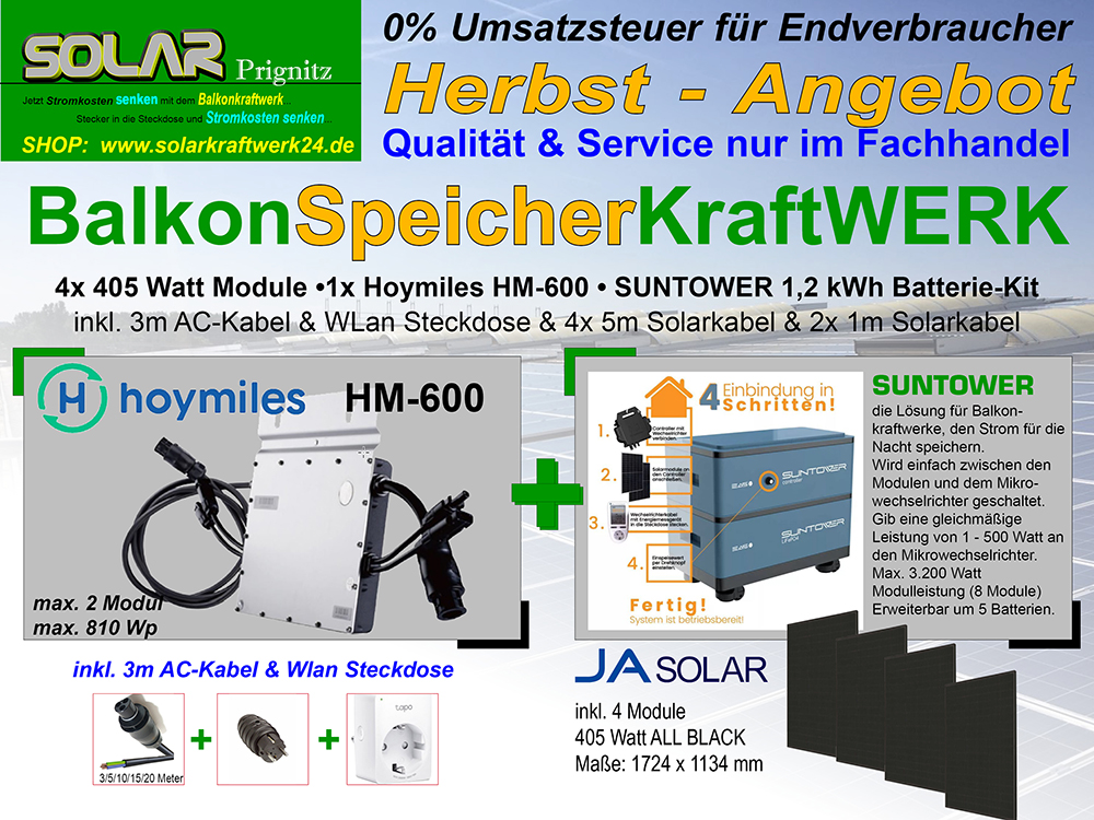 BalkonSpeicherKraftWERK 1.620 Watt (4x 405 Watt Module) & 1,2 kWh Stromspeicher mit Holmiles HM-600
