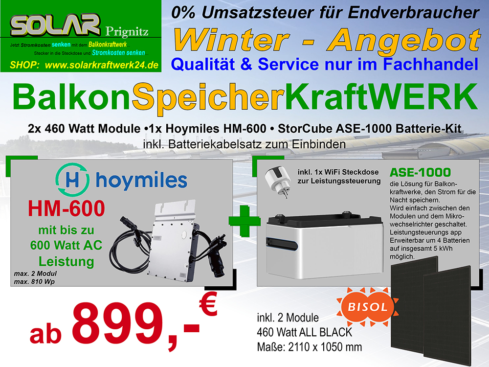 BalkonSpeicherKraftWERK 1.620 Watt (4x 405 Watt Module) & 1,2 kWh Stromspeicher mit Holmiles HM-600