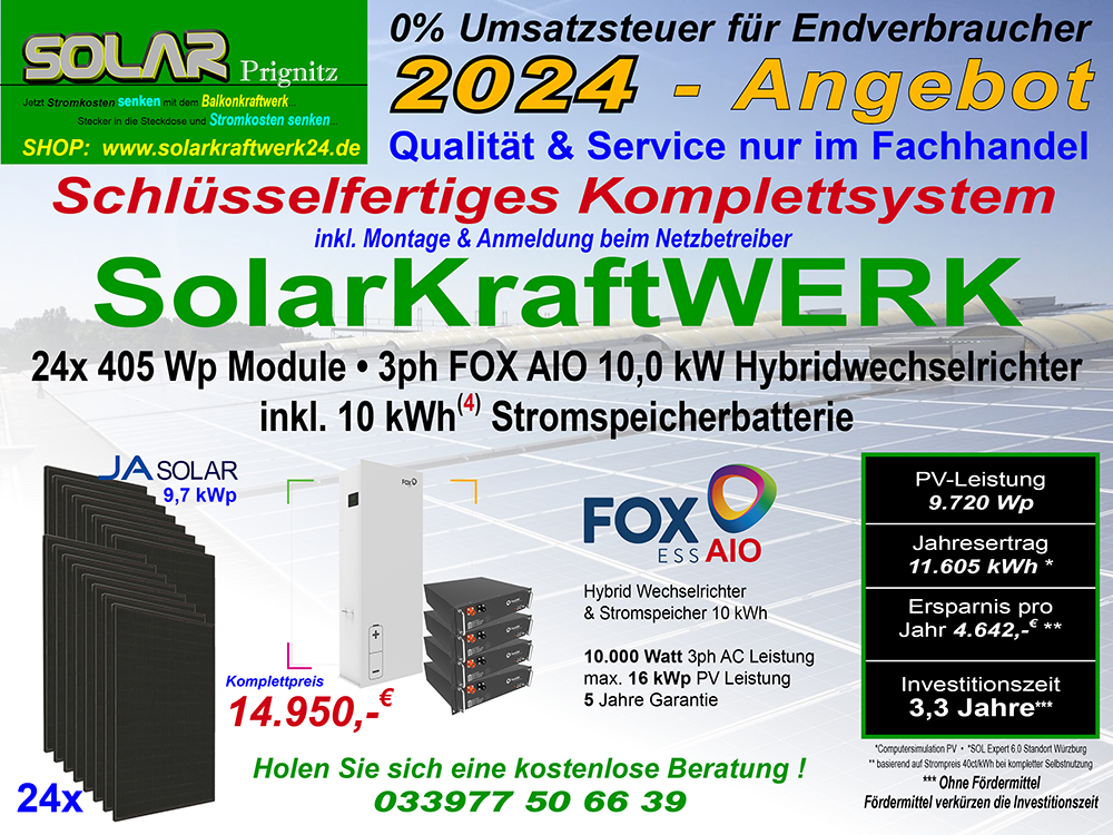 FOX ESS H3 Hybrid 3ph System mit 5,0 kW & 8,64 kWh Batterie, PV 6,48 kWp Schlüsselfertig