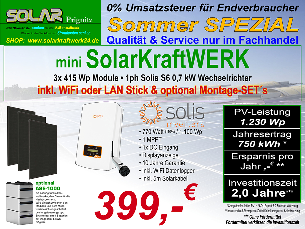 Sommer SPEZIAL mini SolarkraftWERM mSKW1041620SM mit Solis 1,0 kW & & 4x Modul 405 Wp ALL BLACK mit 600 / 800 Wattbegrenzung